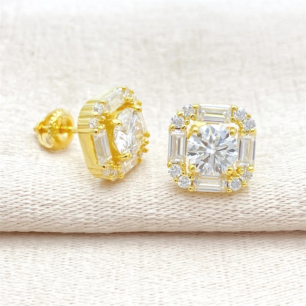 Luxury Moissanite Jewelry Hip Hop Screw Back Earring 925 Silver VVS Baguette Moissanite Stud Earrings