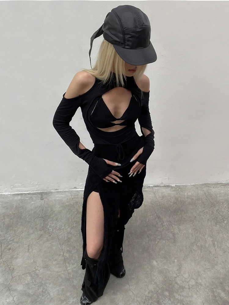 

Cutenew укороченный топ с открытыми плечами, женский сексуальный полый топ с длинными рукавами, весенний тренд, лоскутная повязка, дикая однотонная уличная клубная футболка