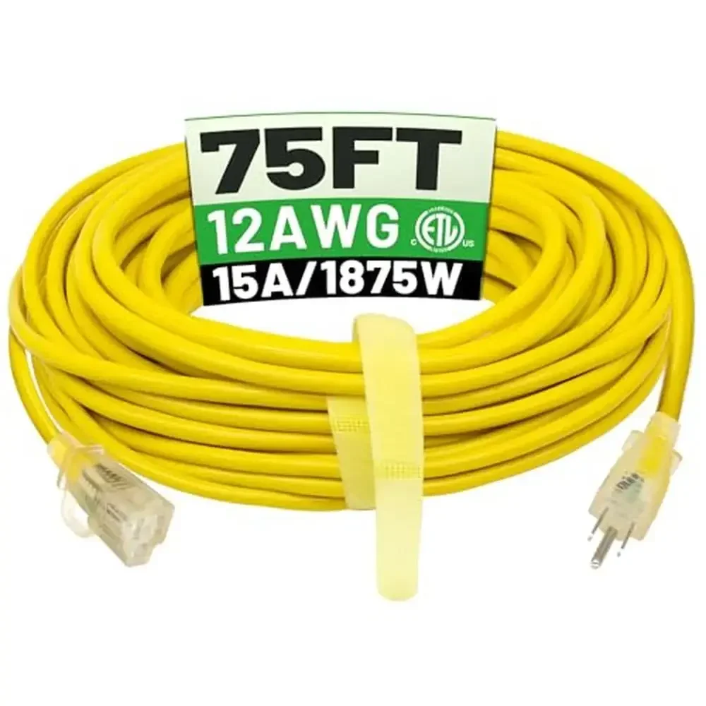 

75ft Waterproof Heavy Duty Outdoor Extension Cord Flexible 12 Gauge 3 Prong 1875W Weatherproof Long with Lighted Indicator Safe