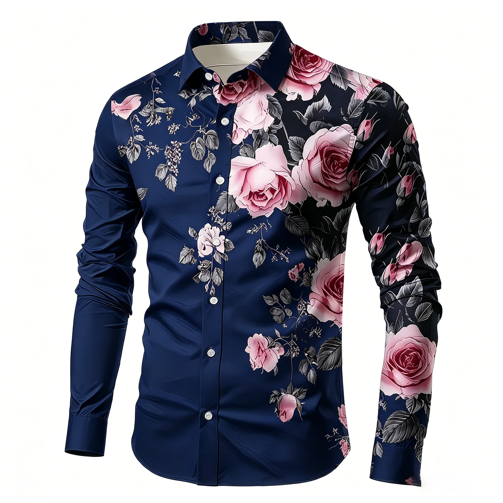 Men's long-sleeved Shirt With Pink Rose Floral Print  Draped Collar  Trendy Shirt  Versatile Top For Vacation And Casual wear.