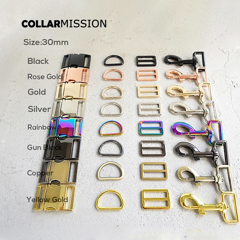 100set/lot (metal buckle+adjust buckle+D ring+metal dog clasp) Engraved DIY metal dog collar buckle 8 colors 15mm,20mm,25mm,30mm