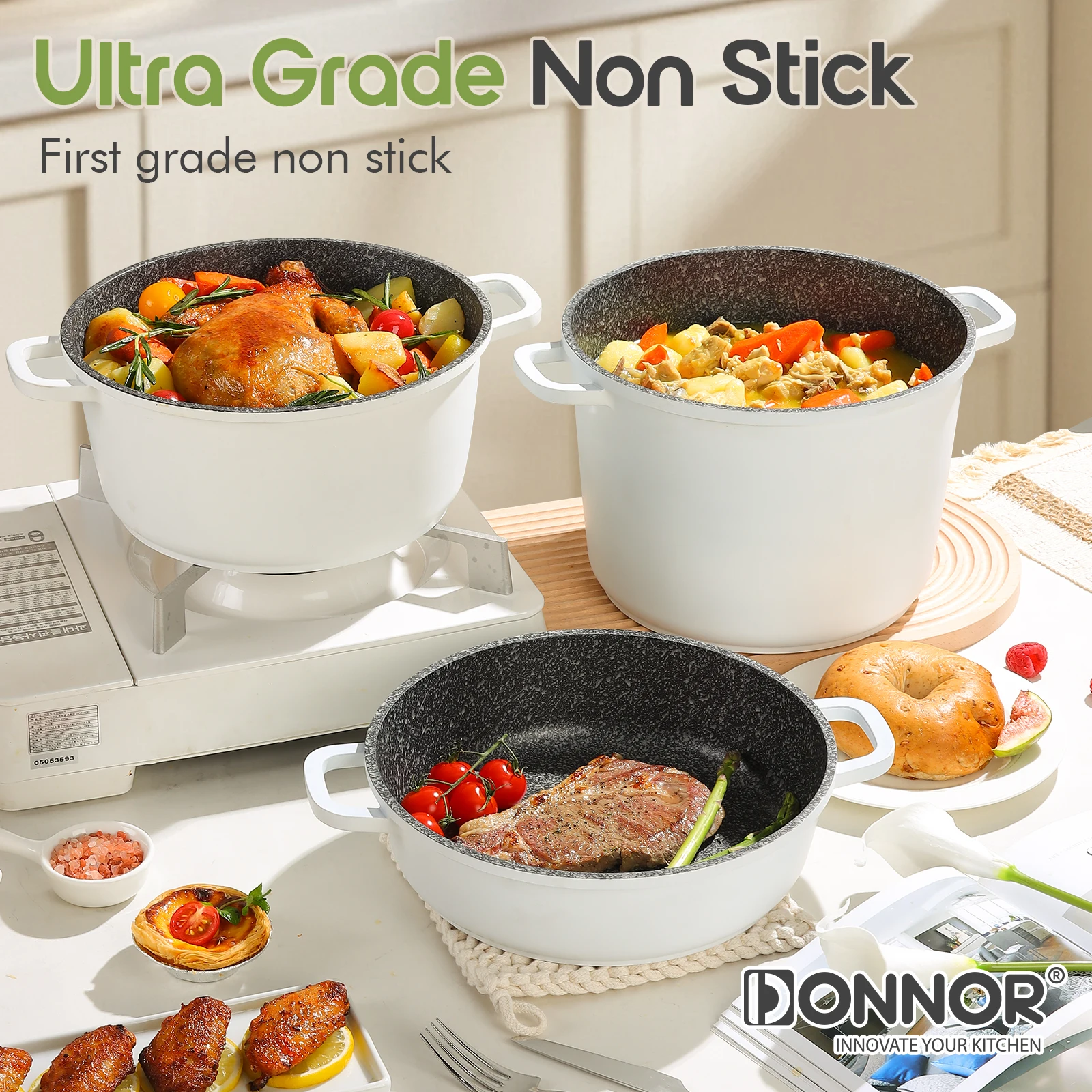 

DONNOR Nonstick Cookware Set Granite Coating Lightweight Pots Pans Induction Compatible Kitchen Cooking Baking Healthy