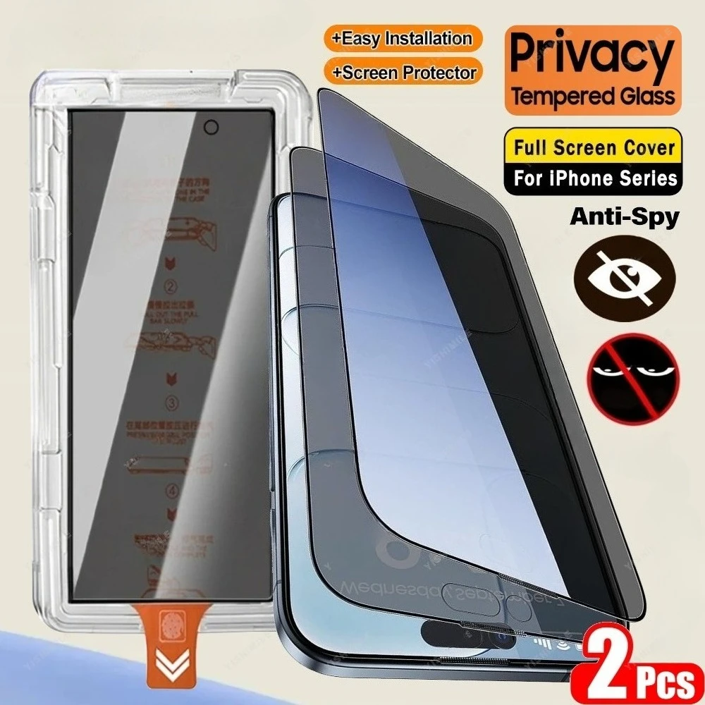 

2Pcs Privacy Full Screen Protector for iPhone 17 16 15 14 Pro Max 15 16 Plus 13 12 11 Pro Mini Air One Click Installation Glass