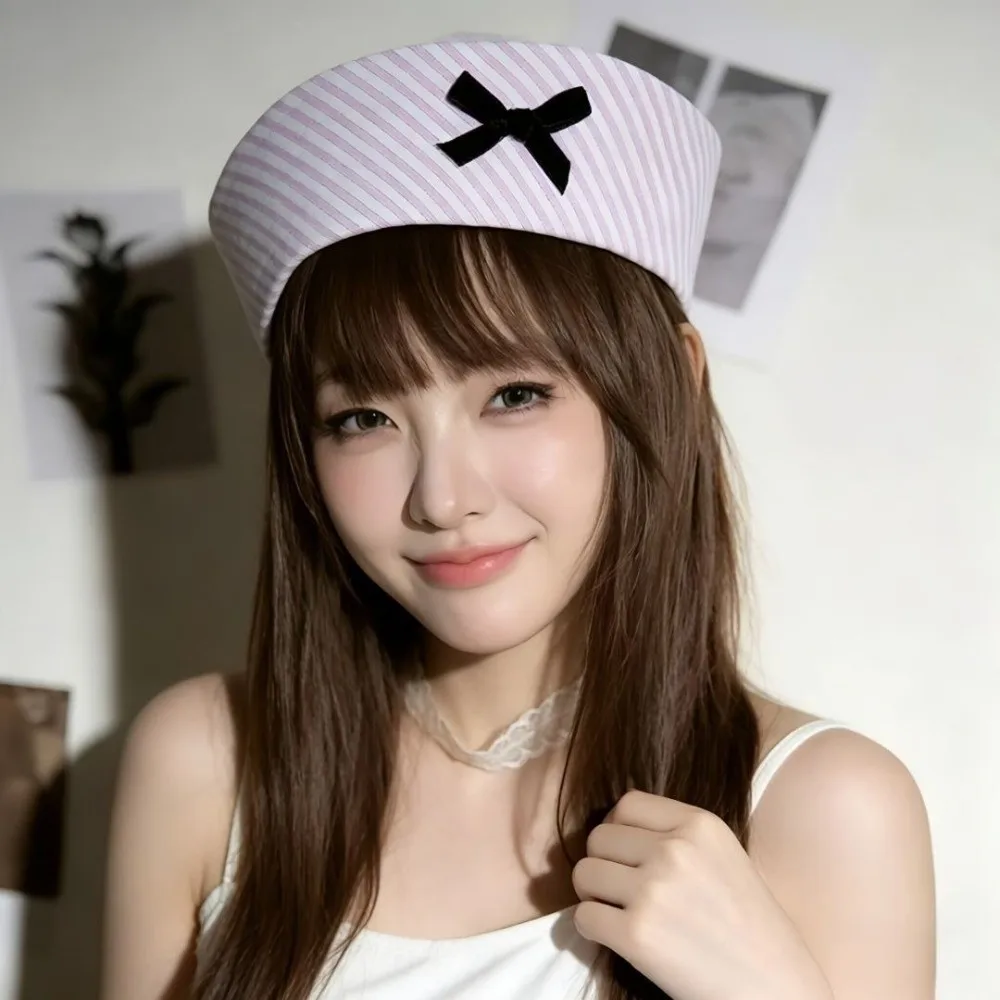Sweet Y2K Stripe Sailor Hat Bow JK Navy Hat Polyester Flipped Brim Dome Hat Rave Festivals