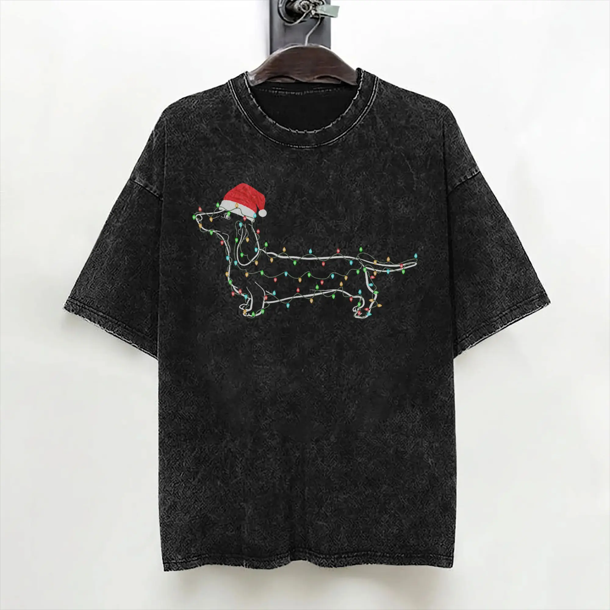 Dachshund Christmas Lights Santa Hat Xmas T Shirts Washed Cotton Harajuku T-Shirts Men Women Streetwear Graphic Printed Tees