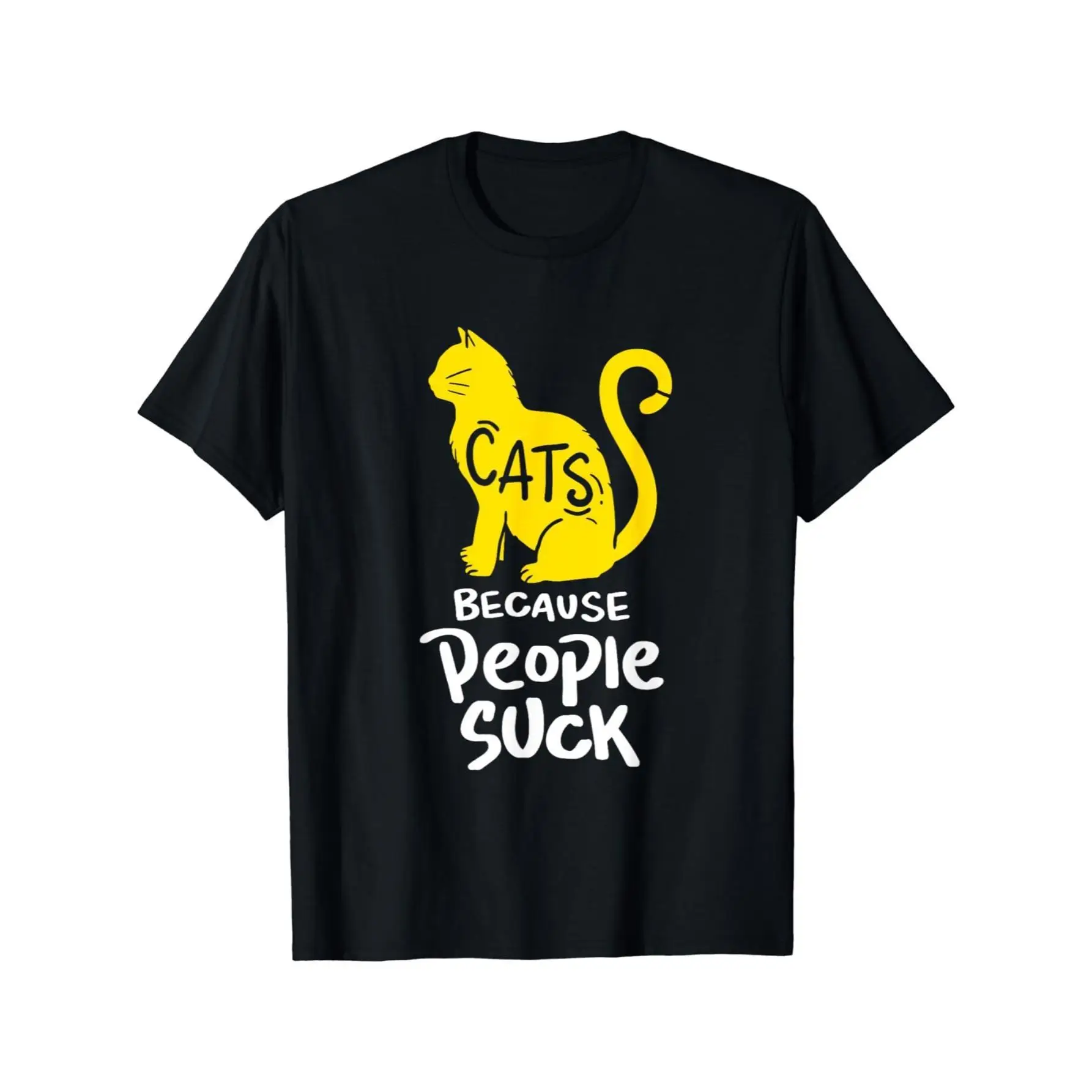 

Women's Vintage "Cats Because People Suck" Graphic T-Shirt - Black Cat Lover Tee With Bold White Lettering & Yellow Cat Design,