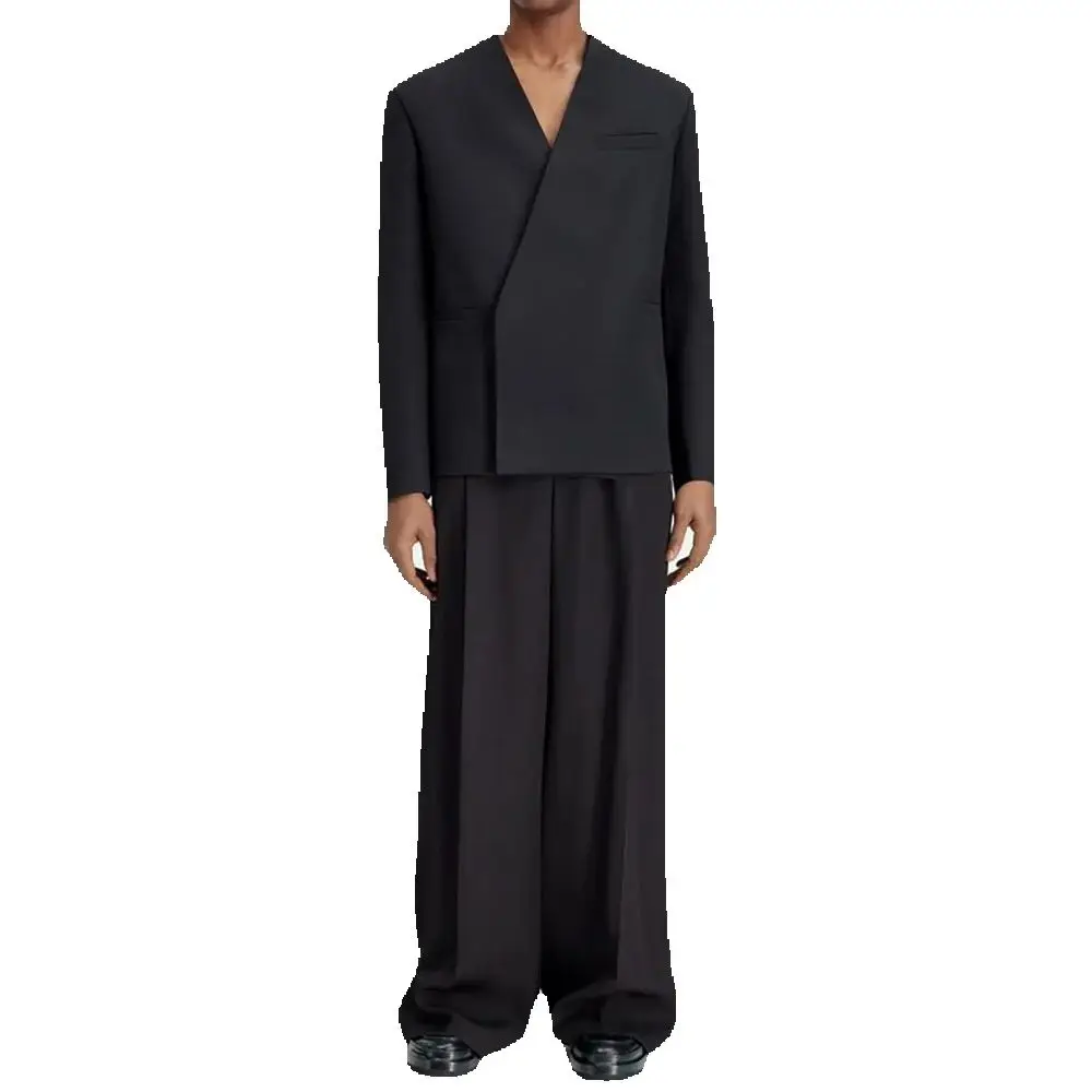 Chic nouveau ample noir col en V hommes costume deux pièces (veste + pantalon) tenues décontracté fête bal mariage ensemble