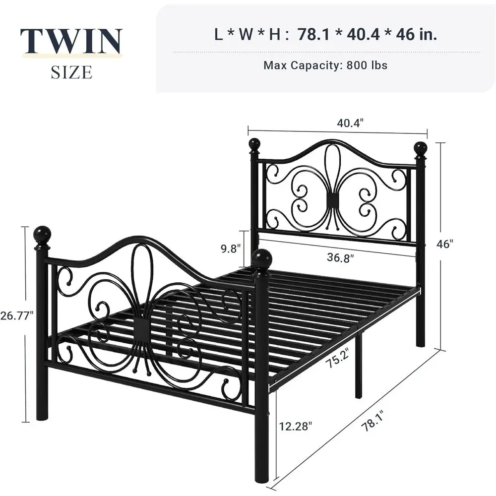 Twin Metal Bed Frame for Kids with Butterfly Design, No Box Spring, Easy Assembly, Black