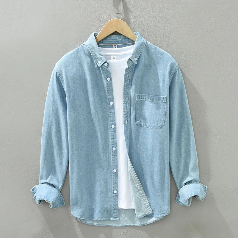 

Japan Fashion Style Washed Denim Shirts for Men Spring Autumn Long Sleeve Casual Streetwear 100% Cotton Youth Cityboy Tops Coats