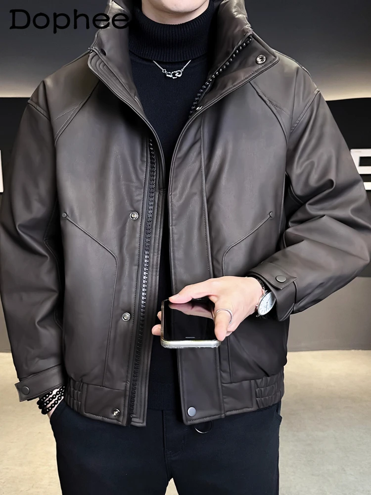 

Men's 2025 Winter New American Style High-End Faux Leather Down Jackets Men's Thickened Coats Solid Color White Duck Down Coats