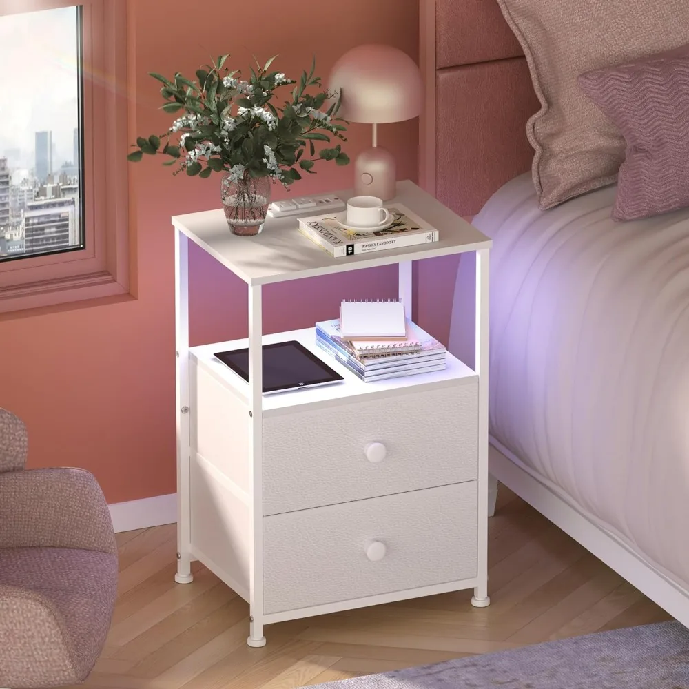 

Sofa End Tables with Charging Station LED Light Nightstand Bedroom Bed Side Dresser with Fabric Drawers Open Storage Shelf Livin