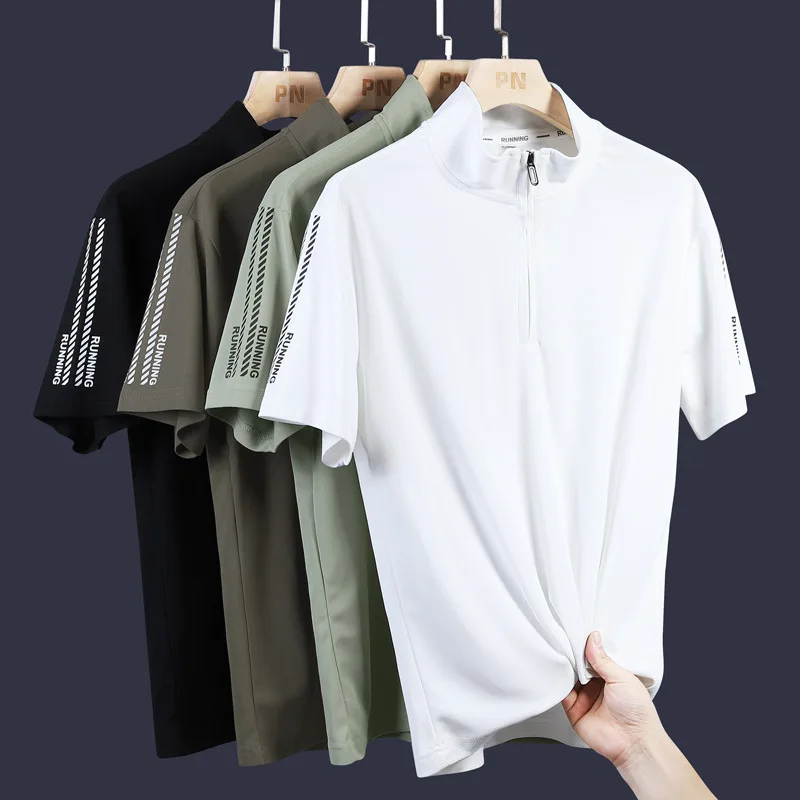 Men's Short Sleeved T-shirt 2024 Summer New Stand Up Neck Zipper Split Print Half Sleeve Tshirts for Men Men Clothing