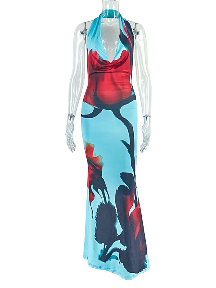 Długa sukienka damska z nadrukiem dziwnych kotów, letni trend, wiązana na szyi, rozkloszowany dekolt, odkryte plecy, bez rękawów, modna sukienka wakacyjna, obcisła sukienka typu \"vestidos\".