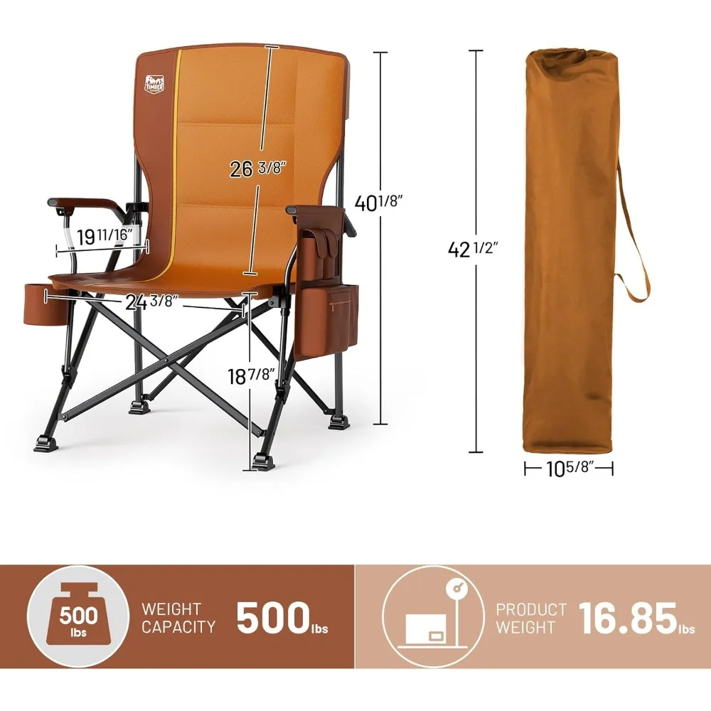 كرسي تخييم كبير الحجم قابل للطي عالي التحمل مع دعم خلفي عالي وحامل أكواب وجيب جانبي للبالغين حتى 500 رطل