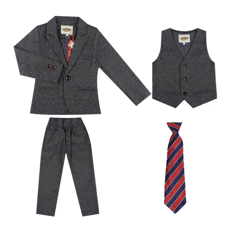 어린이 봄 가을 게리 4 개/대 재킷 조끼 바지 넥타이 웨딩 드레스 소년 사진 정장 어린이 생일 파티 의상