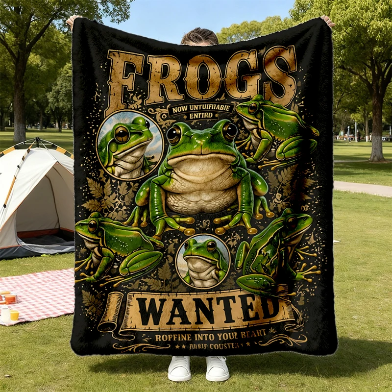 Wanted Frogs Stone Wash Flannel Blanket, Vintage Frog Collage Graphic Flannel Throw, Goblincore Cottagecore Cozy Blanket