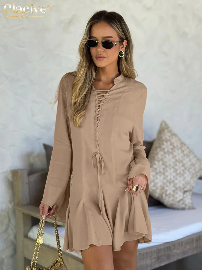 

Clacive Fashion Loose Khaki Women Dress 2025 Elegant Stand Collar Long Sleeve Mini Dresses Casual Classic Lace-Up Female Dress