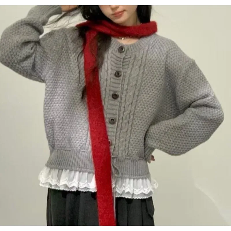 Hem Lace Twist Crew Neck Sweater Women's 2026 Autumn and Winter Drawstring Waist Soft Waxy Warm Knitted Cardigan Jacket 5