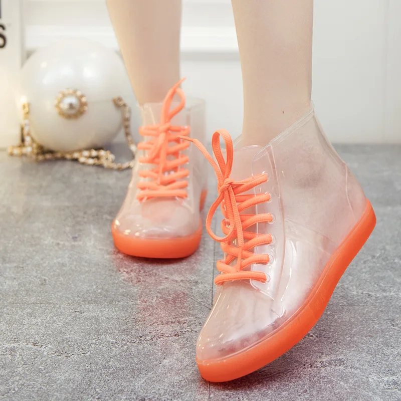 New Women Transparent Rain Boots 2024 Fashion Outdoor Waterproof Jelly Shoes Women Casual Lace-up Work Fishing Boot Four Seasons