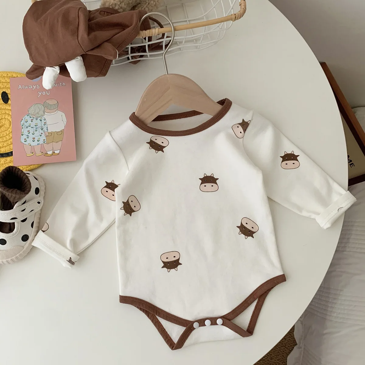 Autumn Newborn Baby Girls Boys Full Sleeve Cattle Print 1 Pieces Gift Hat Infant Kids Cotton Bodysuits Toddler Jumpsuits 0-24M