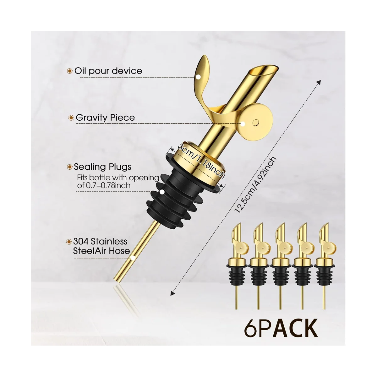 6Pcs Weighted Stainless Steel Liquor Bottle Pourers Auto Flip Olive Oil Dispenser Spout Balsamic Alcohol Pourer (Gold)