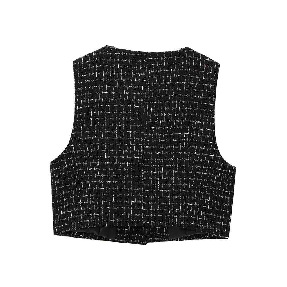 Round Neck Single Breasted Sleeveless Vest Top Short Side Zipper Pants Elegant Black Coarse Weaving Suti Set ZATAF 2024 New