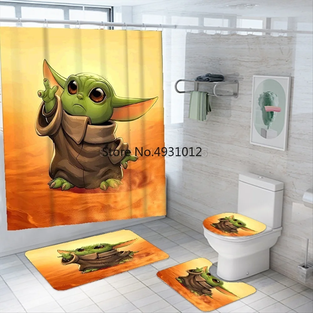 

2026 Anime Black Warrior Baby Y-Yoda Shower Curtain Set 4pcs Waterproof Bathroom Drapes Anti-slip Rug Toilet Lid Cover Bath Mat