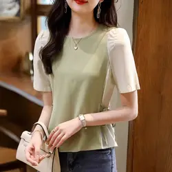 Contrast Patchwork Chiffon Lacing Blouse Summer New Short Sleeve Loose All-match Elegant Shirt Tops Fashion Casual Women Clothes