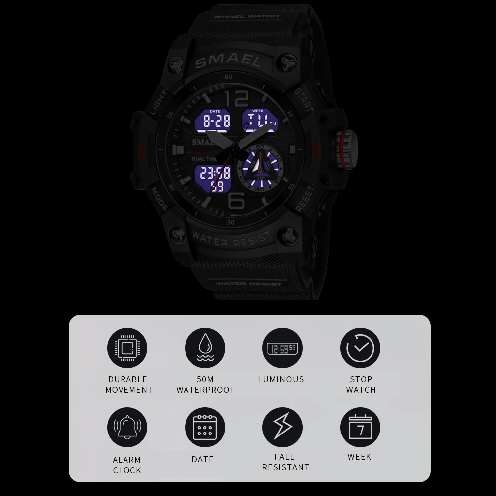 SMAEL Sport Watch Men Alarm Chronograph Clock Stopwatch LED Date-Day Dual Time Zone Waterproof 5Bar Military Men's Watches 8007