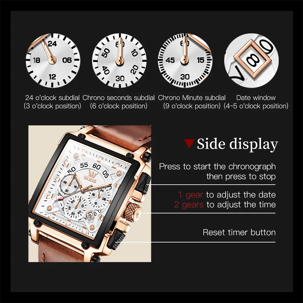 OLEVS Men's Wrist Watch Big Dial Square Quartz Watch for Men Leather Strap Waterproof Chronograph Sports Clock Relogio Masculino