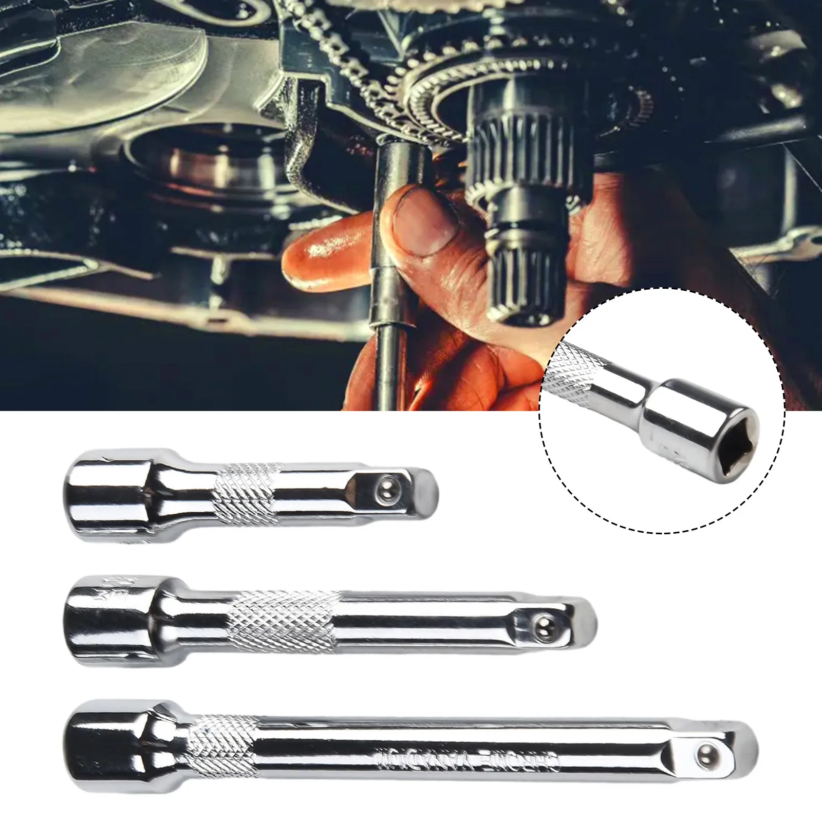 Extender Bar Durable and Versatile 1/4 Chromed Steel Extension Bar Ratchet Socket Wrench Adapter Set 50/75/100MM 3 Pieces