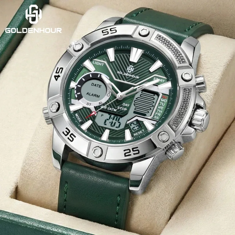 

GOLDENHOUR Luxury Men Watch Sports Digital Analog Quartz Wristwatch Waterproof Multifunctional Leather Strap Relo