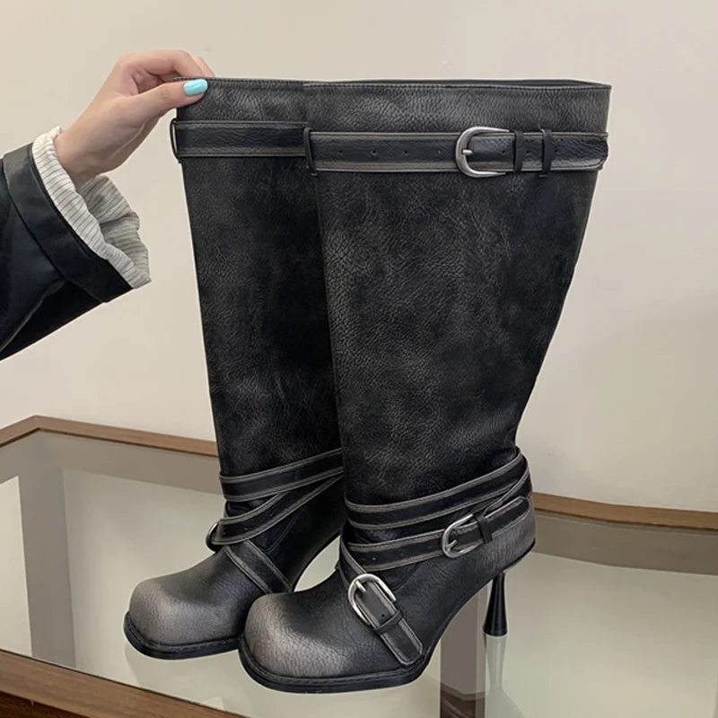 ZAROY Vintage Distressed Knee High Boots Women Square Toe Stiletto Heel Buckle Riding Boots Street Style Luxury Winter Long Bota