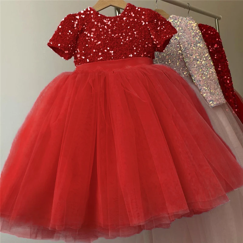 Kids Sequin Party Dress for Girls Formal Wedding Evening Ball Gown Elegant Children Birthday Princess Dress for Red Christmas