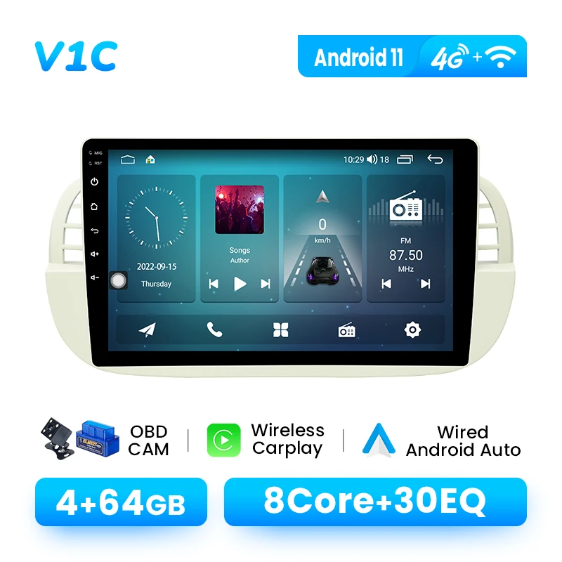 Android 14 Draadloze CarPlay Autoradio voor FIAT 500 2007-2014 Multimedia GPS 4G Wifi DSP RDS Android Auto 1280*720P IPS