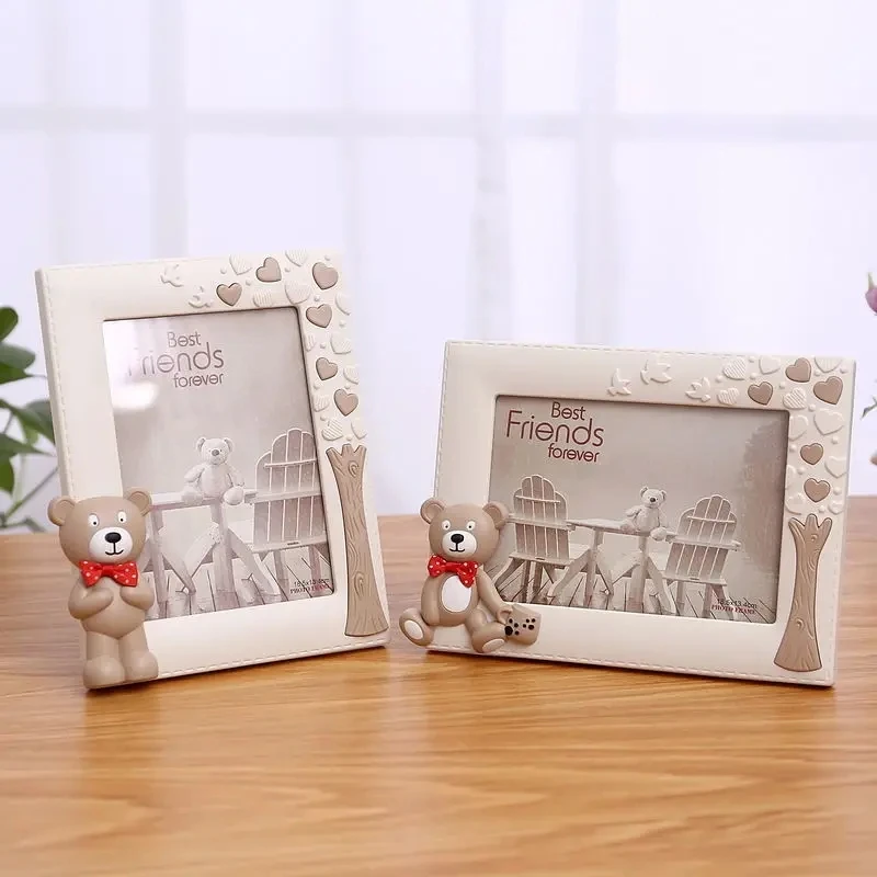 

Новогодний подарок для дома: прямоугольная пластиковая фоторамка с мультяшным медведем, рамка для фотографий, памятный сувенир для роста ребенка, настольное украшение