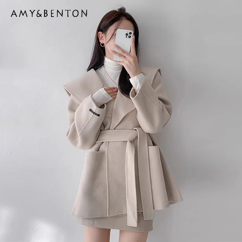 

Autumn Winter Vintage High-End Navy Collar Tie Waist Versatile Large Pocket Long Sleeve Beige Black Khaki Woolen Coat