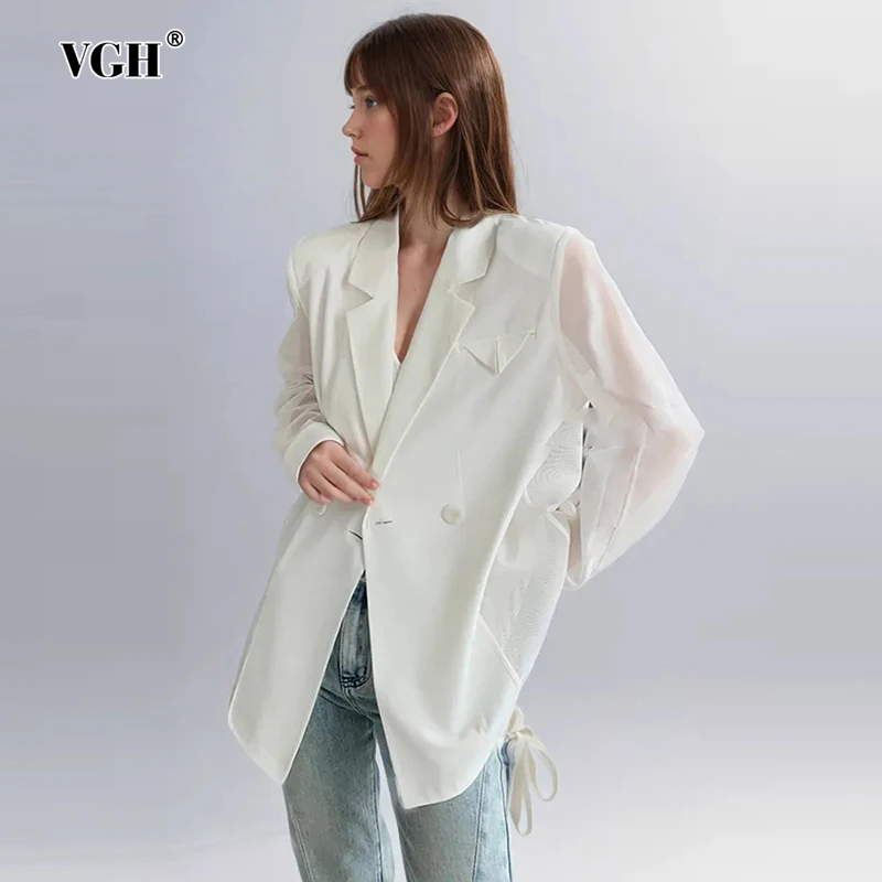 

VGH Minimalist Solid Patchwork Mesh Blazers For Women Notched Collar Long Sleeve Spliced Pockets Casual Loose Blazer Female New