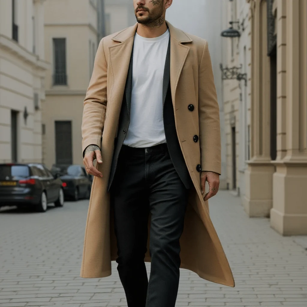 

Warm Men's Trench Coat Early Autumn Woolen Long Jacket Outdoor Streetwear Stylish Outerwears Commuting For Men