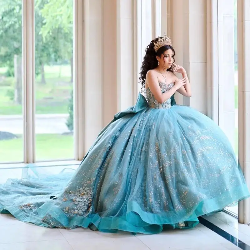 

Water Blue Quinceanera Dresses Sweet 16 Dress Applique Lace Beads Bow Tull Birthday Party Gown Vestidos 15 Anos Para XV Princess