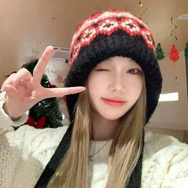 Striped Spliced Knitted Brimless Hat Ethnic Retro Style Woolen Hats Autumn Winter Thickened Warm Resistant Ear Protection Caps