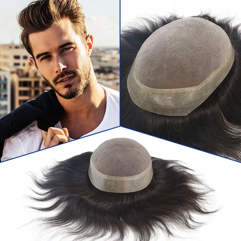 Toupee Men Mono with Clear Pu Wig 100% Natural Human Hair Breathable Male Hair Prosthesis Capillary Exhuast System Wig For Men