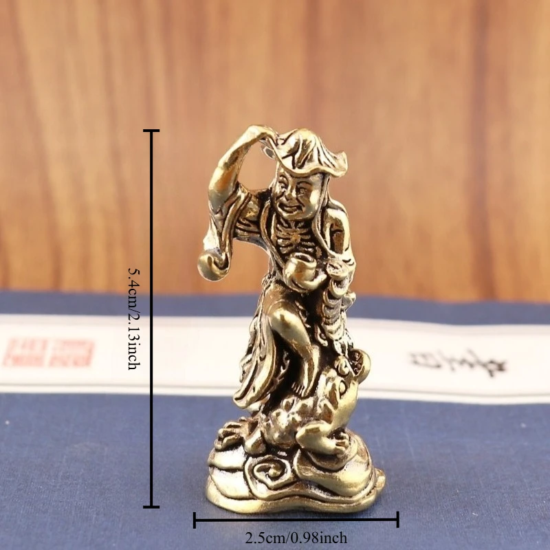 Brass Liu Hai Toad Figurine Vintage Bronze Statue Mini Ornament, Oriental Wealth God Sculpture for Home Desk Decor,
