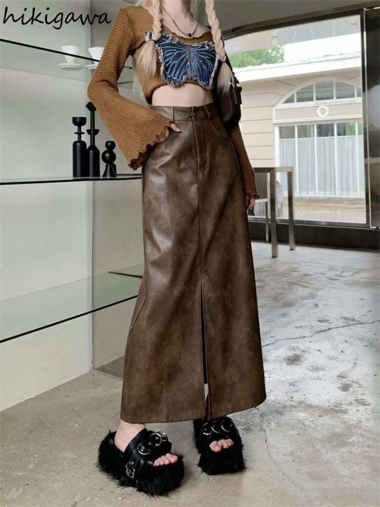 

Vintage Long Skirt for Women 2024 Faldas Mujer De Moda High Waist A-line Jupe Korean Temperament Saia Split Leather Y2k Skirts