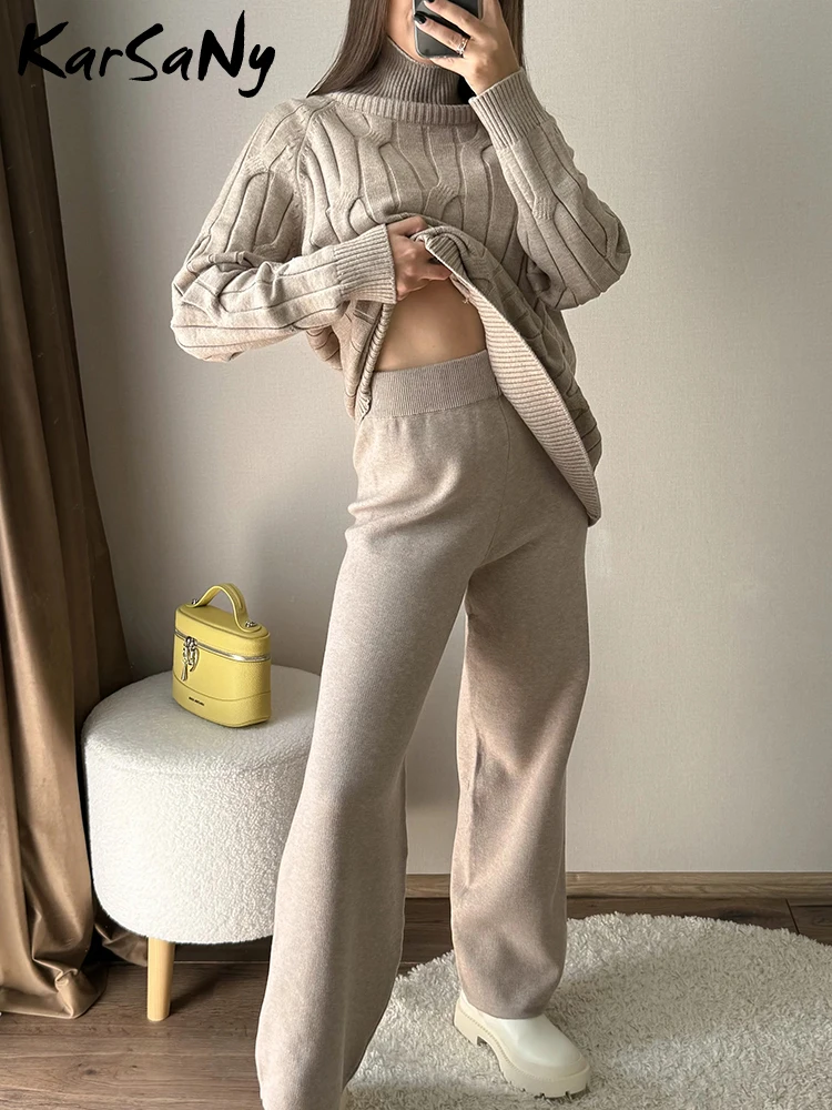 Knitted Pants Women Winter High Waist Warm Straight Solid Trousers Autumn Light Blue Basic Wide Leg Thick Winter Pants For Women