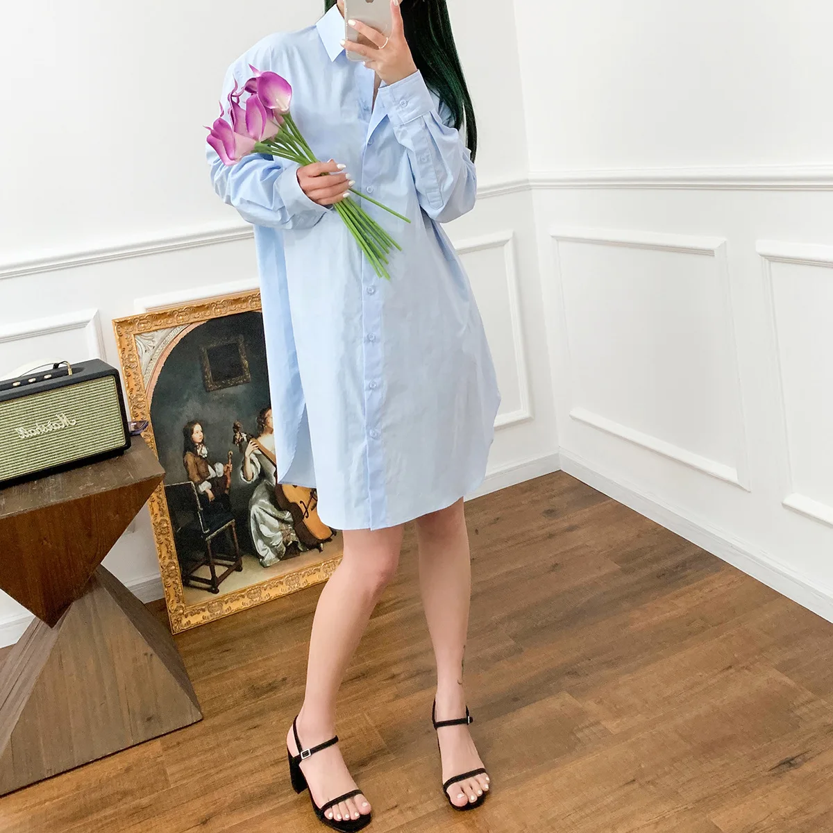 Women's Shirt Collar Blue Single Breasted Mini Dress Lazy Female POLO Neck Loose Medium Length Shirt Dresses Ladies Spring 2023