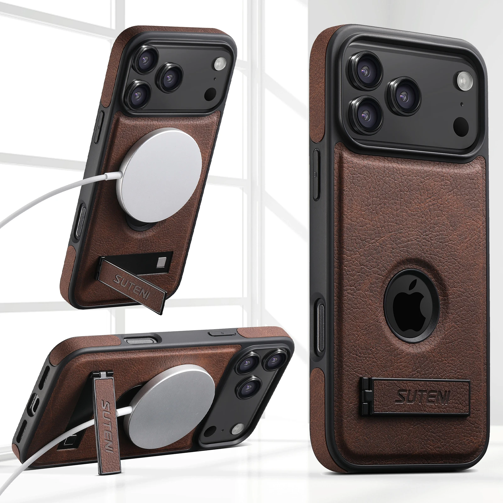 Luksusowe etui na telefon z imitacji skóry do iPhone 18 17 Pro Max 16 15 14 13 12, matowe w dotyku, z funkcją podstawki, magnetyczne, kompatybilne z bezprzewodowym ładowaniem. — zdjęcie produktu 3