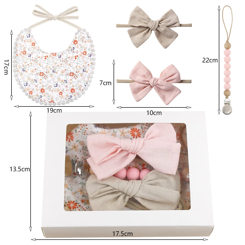 4Pcs/Set Flower Print Baby Bib Headband Elastic Nylon Hair Band Food Grade Silicone Beads Pacifier Clip Chain Christmas Gift Box