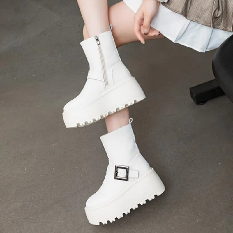 2026 New High Quality 8CM Cow Genuine Leather Winter Plush Spring Knee High Ankle Boots Woman ZIP Motorcycle Autumn Fashion Shoe