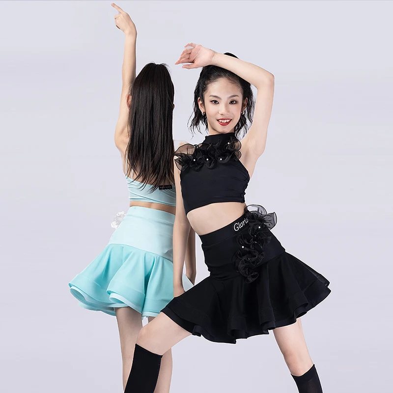 

2024 New Latin Dancing Clothes For Girls Salsa ChaCha Rumba Performance Costume Flower Tops Skirt Children Practice Wear DL11681